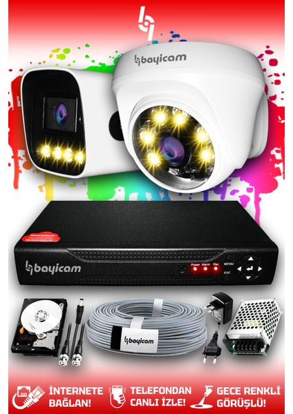 2 Kameralı Zebra 1 Iç Kamera Set 2 Tb HDD Full Hd Renkli Gece Görüşlü Güvenlik Kamerası Sistemi