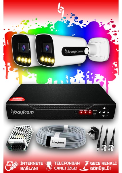 2 Kameralı Zebra 2 Dış Kamera Set Hdd'siz Full Hd Renkli Gece Görüşlü Güvenlik Kamerası Sistemi