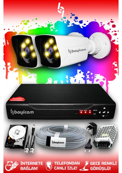 2 Kameralı Kare 2 Dış Kamera Set 320 GB HDD Full Hd Renkli Gece Görüşlü Güvenlik Kamerası Sistemi