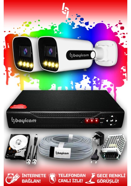 2 Kameralı Ultra 2 Dış Kamera Set 1 TB 5 MP 2K Net Renkli Gece Görüşlü Güvenlik Kamerası Sistemi