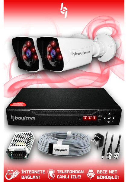 2 Kameralı Kare 2 Dış Kamera Set Hdd'siz Full Hd Gece Görüşlü Güvenlik Kamerası Sistemi