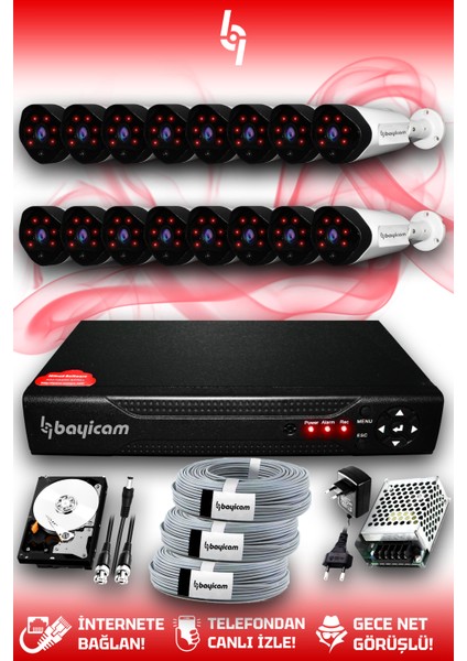 16 Kameralı Uzay 16 Dış Kamera Set 1 Tb HDD Full Hd Gece Görüşlü Güvenlik Kamerası Sistemi
