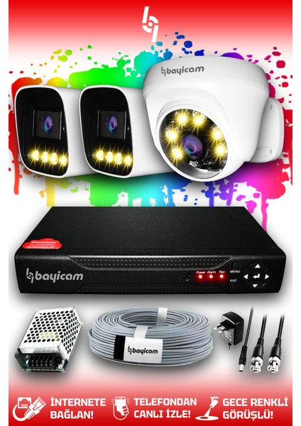 3 Kameralı Ultra 1 İç Kamera Set HDD'siz 5 MP 2K Net Renkli Gece Görüşlü Güvenlik Kamerası Sistemi