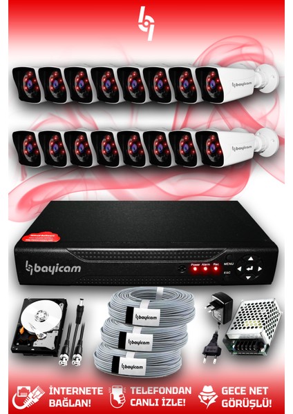 16 Kameralı Kare 16 Dış Kamera Set 100 GB HDD Full Hd Gece Görüşlü Güvenlik Kamerası Sistemi