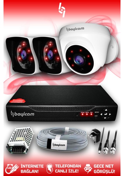 3 Kameralı Kare 1 Iç Kamera Set Hdd'siz Full Hd Gece Görüşlü Güvenlik Kamerası Sistemi