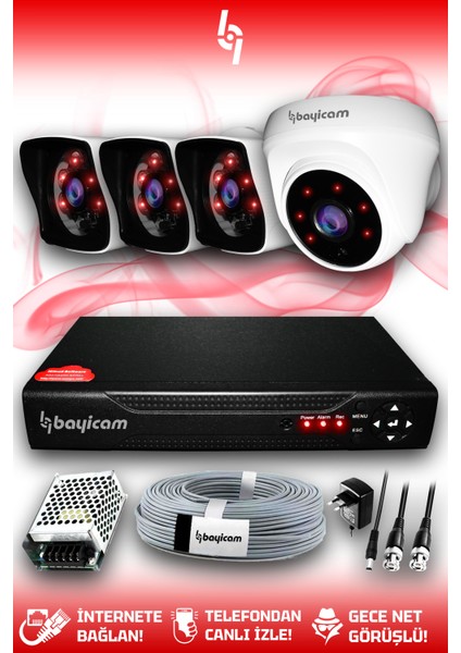 4 Kameralı Kare 1 Iç Kamera Set Hdd'siz Full Hd Gece Görüşlü Güvenlik Kamerası Sistemi