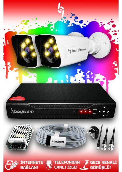2 Kameralı Kare 2 Dış Kamera Set Hdd'siz Full Hd Renkli Gece Görüşlü Güvenlik Kamerası Sistemi