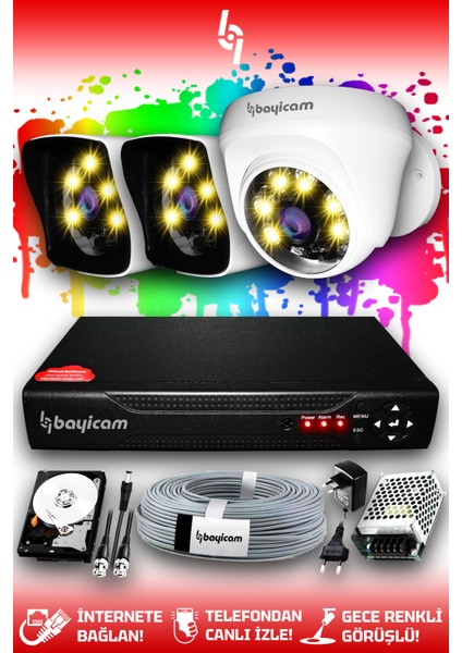 3 Kameralı Kare 1 Iç Kamera Set 1 Tb HDD Full Hd Renkli Gece Görüşlü Güvenlik Kamerası Sistemi