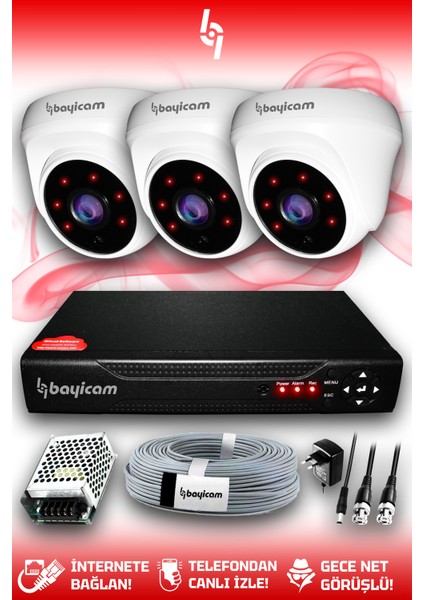 3 Kameralı Dome 3 Iç Kamera Set Hdd'siz Full Hd Gece Görüşlü Güvenlik Kamerası Sistemi