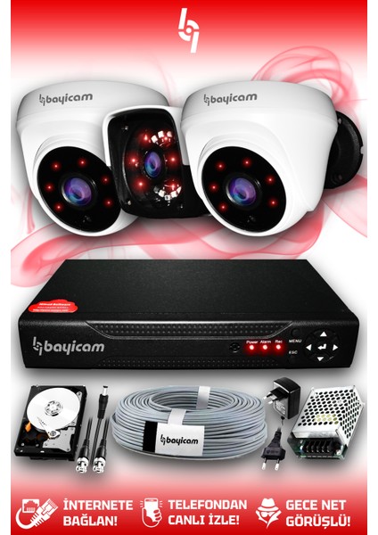 3 Kameralı Panda 2 Iç Kamera Set 320 GB HDD Full Hd Gece Görüşlü Güvenlik Kamerası Sistemi