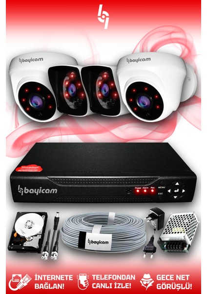 4 Kameralı Kare 2 Iç Kamera Set 1 Tb HDD Full Hd Gece Görüşlü Güvenlik Kamerası Sistemi