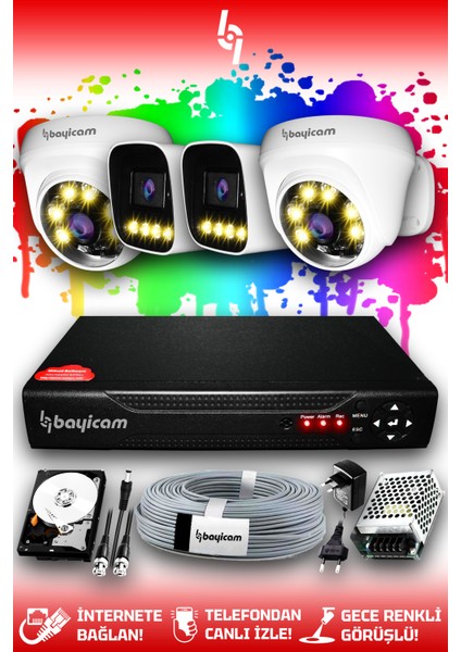 4 Kameralı Zebra 2 Iç Kamera Set 100 GB HDD Full Hd Renkli Gece Görüşlü Güvenlik Kamerası Sistemi
