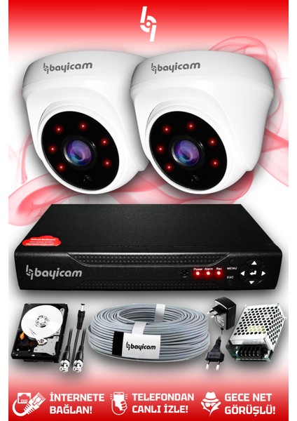2 Kameralı Dome 2 Iç Kamera Set 500 GB HDD Full Hd Gece Görüşlü Güvenlik Kamerası Sistemi