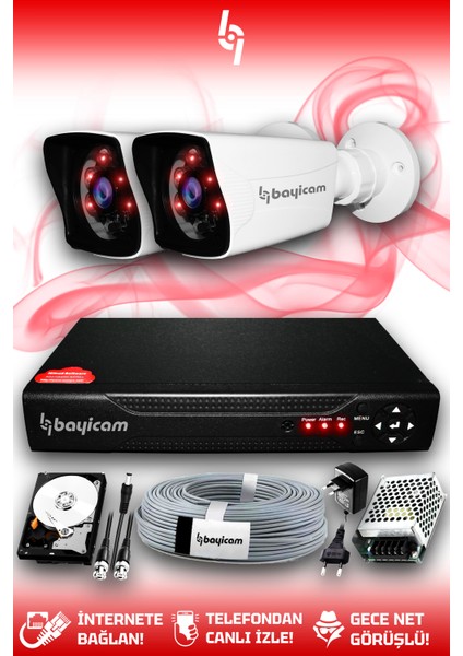 2 Kameralı Kare 2 Dış Kamera Set 100 GB HDD Full Hd Gece Görüşlü Güvenlik Kamerası Sistemi