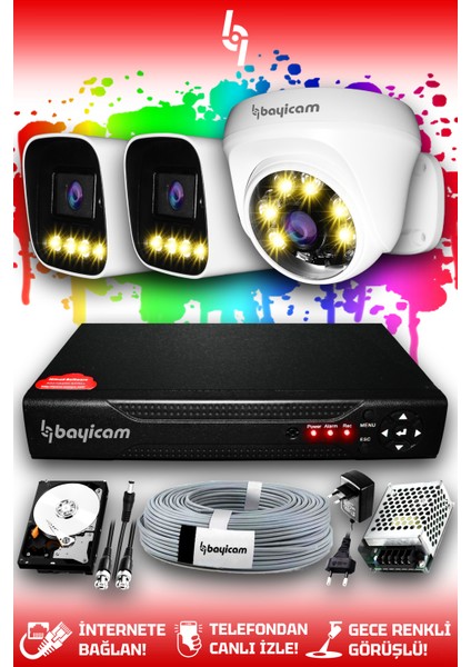 3 Kameralı Zebra 1 Iç Kamera Set 1 Tb HDD Full Hd Renkli Gece Görüşlü Güvenlik Kamerası Sistemi