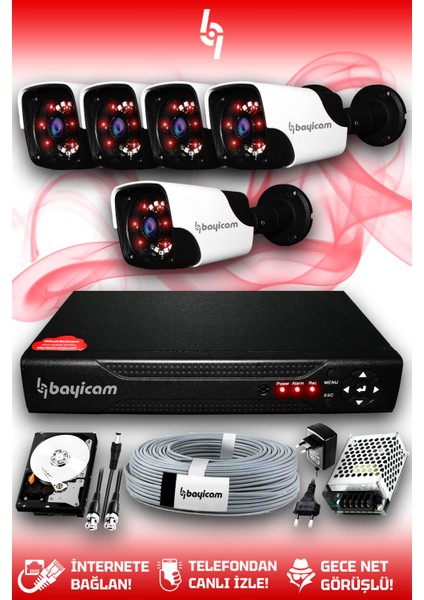 5 Kameralı Panda 5 Dış Kamera Set 100 GB HDD Full Hd Gece Görüşlü Güvenlik Kamerası Sistemi