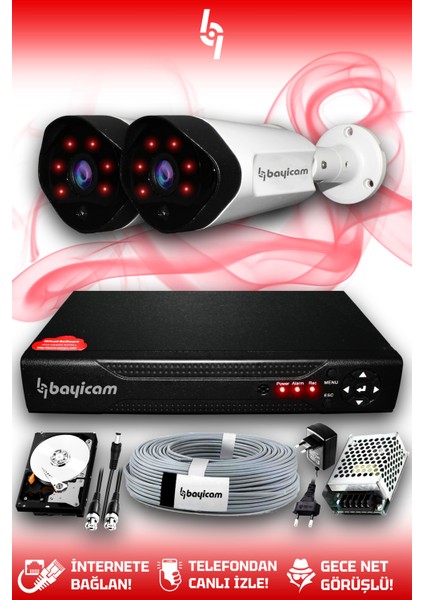 2 Kameralı Uzay 2 Dış Kamera Set 500 GB HDD Full Hd Gece Görüşlü Güvenlik Kamerası Sistemi