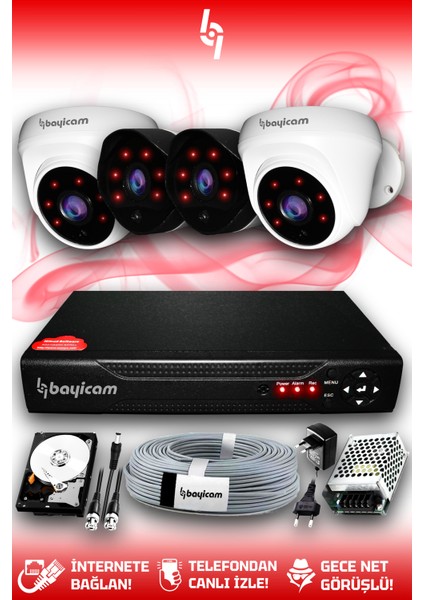 4 Kameralı Uzay 2 Iç Kamera Set 250 GB HDD Full Hd Gece Görüşlü Güvenlik Kamerası Sistemi