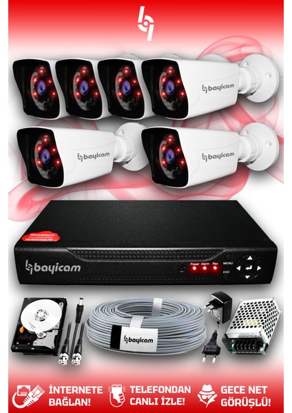6 Kameralı Kare 6 Dış Kamera Set 2 Tb HDD Full Hd Gece Görüşlü Güvenlik Kamerası Sistemi