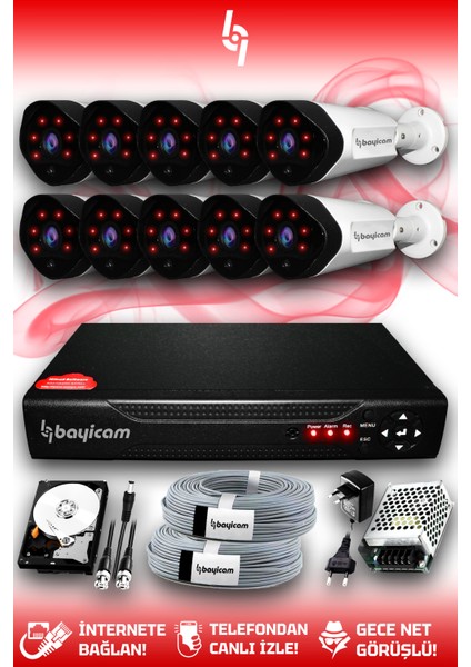 10 Kameralı Uzay 10 Dış Kamera Set 250 GB HDD Full Hd Gece Görüşlü Güvenlik Kamerası Sistemi