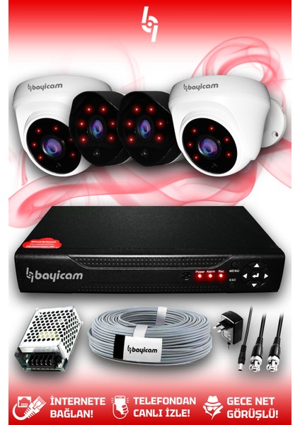 4 Kameralı Uzay 2 Iç Kamera Set Hdd'siz Full Hd Gece Görüşlü Güvenlik Kamerası Sistemi