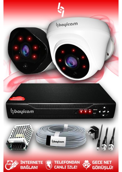 2 Kameralı Uzay 1 Iç Kamera Set Hdd'siz Full Hd Gece Görüşlü Güvenlik Kamerası Sistemi