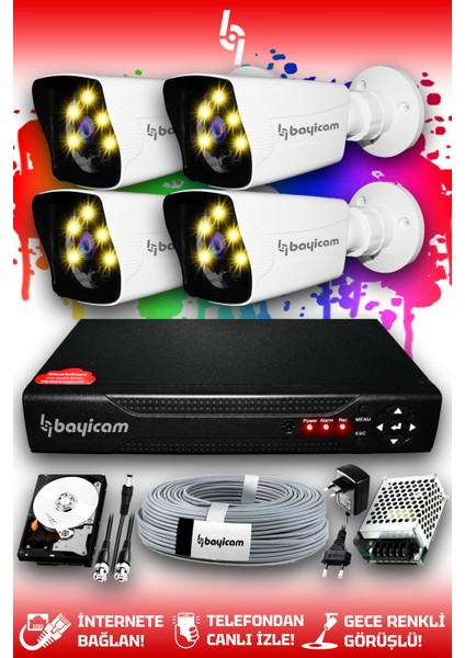 4 Kameralı Kare 4 Dış Kamera Set 1 Tb HDD Full Hd Renkli Gece Görüşlü Güvenlik Kamerası Sistemi