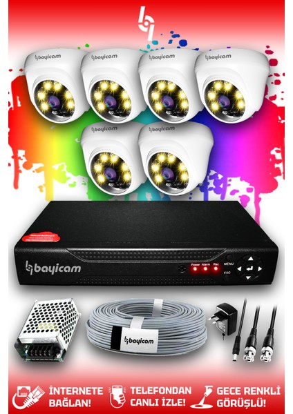 6 Kameralı Dome 6 Iç Kamera Set Hdd'siz Full Hd Renkli Gece Görüşlü Güvenlik Kamerası Sistemi