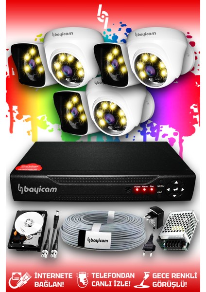 6 Kameralı Kare 3 Iç Kamera Set 1 Tb HDD Full Hd Renkli Gece Görüşlü Güvenlik Kamerası Sistemi