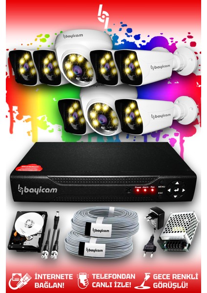 8 Kameralı Kare 2 Iç Kamera Set 2 Tb HDD Full Hd Renkli Gece Görüşlü Güvenlik Kamerası Sistemi