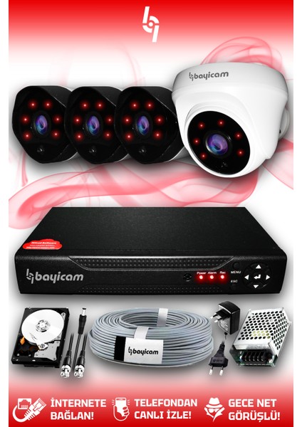 4 Kameralı Uzay 1 Iç Kamera Set 500 GB HDD Full Hd Gece Görüşlü Güvenlik Kamerası Sistemi