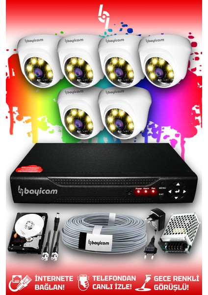 6 Kameralı Dome 6 Iç Kamera Set 1 Tb HDD Full Hd Renkli Gece Görüşlü Güvenlik Kamerası Sistemi