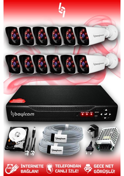 12 Kameralı Kare 12 Dış Kamera Set 1 Tb HDD Full Hd Gece Görüşlü Güvenlik Kamerası Sistemi