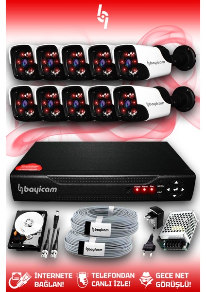 10 Kameralı Panda 10 Dış Kamera Set 100 GB HDD Full Hd Gece Görüşlü Güvenlik Kamerası Sistemi