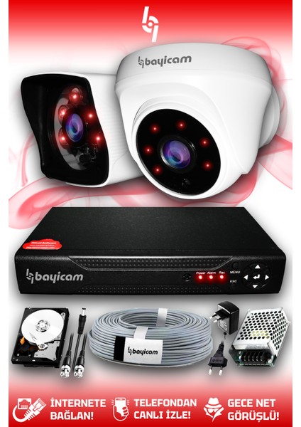 2 Kameralı Kare 1 Iç Kamera Set 250 GB HDD Full Hd Gece Görüşlü Güvenlik Kamerası Sistemi