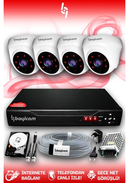 4 Kameralı Dome 4 Iç Kamera Set 100 GB HDD Full Hd Gece Görüşlü Güvenlik Kamerası Sistemi
