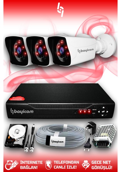 3 Kameralı Kare 3 Dış Kamera Set 320 GB HDD Full Hd Gece Görüşlü Güvenlik Kamerası Sistemi