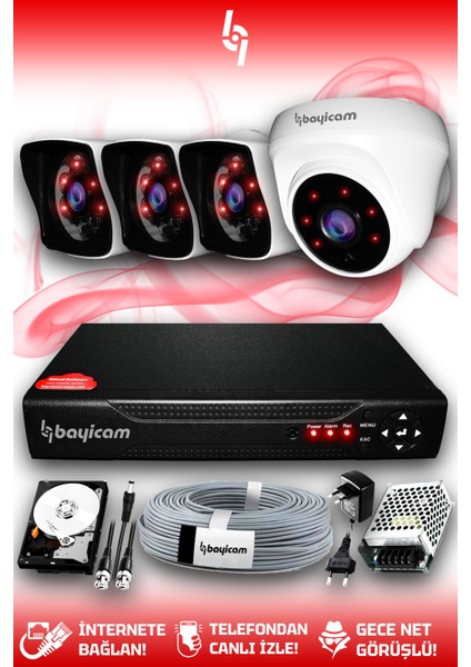 4 Kameralı Kare 1 Iç Kamera Set 2 Tb HDD Full Hd Gece Görüşlü Güvenlik Kamerası Sistemi