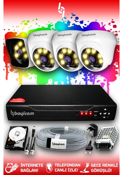4 Kameralı Kare 3 Iç Kamera Set 320 GB HDD Full Hd Renkli Gece Görüşlü Güvenlik Kamerası Sistemi