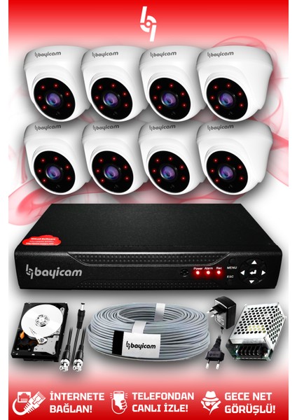 8 Kameralı Dome 8 Iç Kamera Set 500 GB HDD Full Hd Gece Görüşlü Güvenlik Kamerası Sistemi