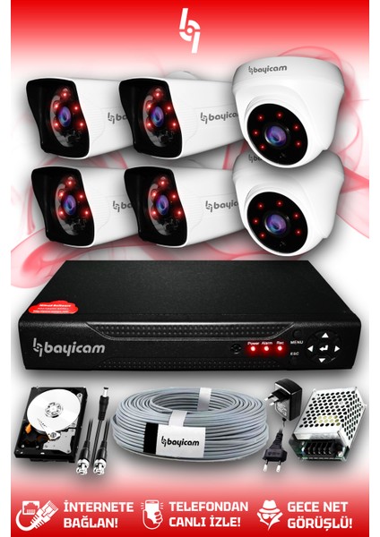 6 Kameralı Kare 2 Iç Kamera Set 100 GB HDD Full Hd Gece Görüşlü Güvenlik Kamerası Sistemi