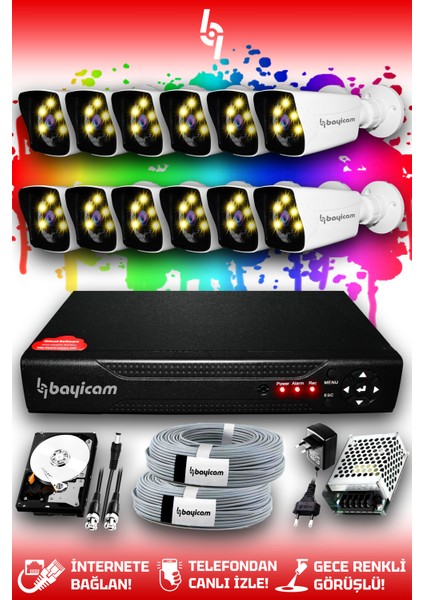 12 Kameralı Kare 12 Dış Kamera Set 1 Tb HDD Full Hd Renkli Gece Görüşlü Güvenlik Kamerası Sistemi