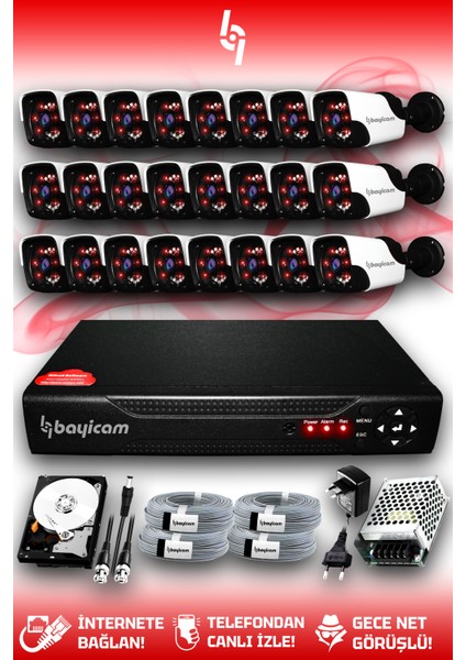 24 Kameralı Panda 24 Dış Kamera Set 250 GB HDD Full Hd Gece Görüşlü Güvenlik Kamerası Sistemi