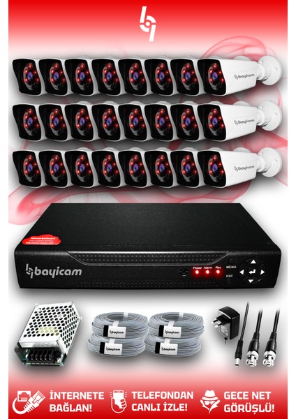 24 Kameralı Kare 24 Dış Kamera Set Hdd'siz Full Hd Gece Görüşlü Güvenlik Kamerası Sistemi