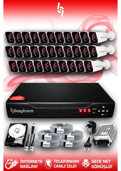 32 Kameralı Kare 32 Dış Kamera Set 2 Tb HDD Full Hd Gece Görüşlü Güvenlik Kamerası Sistemi