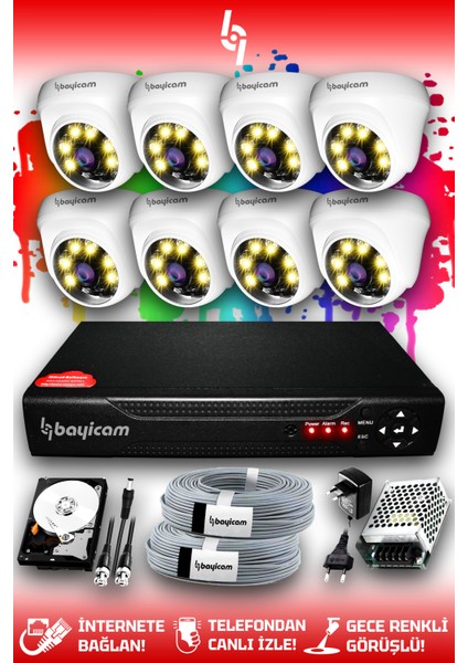 8 Kameralı Dome 8 Iç Kamera Set 1 Tb HDD Full Hd Renkli Gece Görüşlü Güvenlik Kamerası Sistemi
