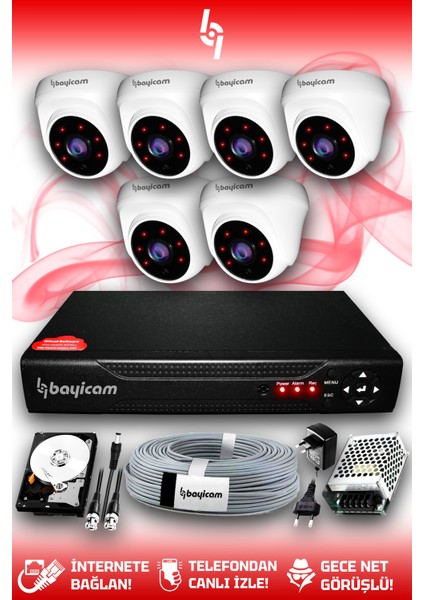6 Kameralı Dome 6 Iç Kamera Set 100 GB HDD Full Hd Gece Görüşlü Güvenlik Kamerası Sistemi