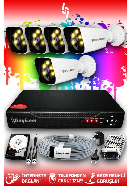 5 Kameralı Süper 5 Dış Kamera Set 2 TB 5 MP Full HD Renkli Renkli Gece Görüşlü Güvenlik Kamerası Sistemi