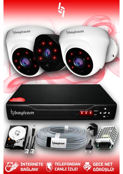 3 Kameralı Uzay 2 Iç Kamera Set 250 GB HDD Full Hd Gece Görüşlü Güvenlik Kamerası Sistemi