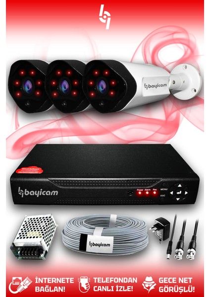 3 Kameralı Uzay 3 Dış Kamera Set Hdd'siz Full Hd Gece Görüşlü Güvenlik Kamerası Sistemi